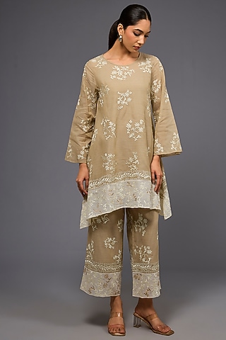 Natural Ecru Handloom Cotton Thread Embroidered Tunic by Peachoo