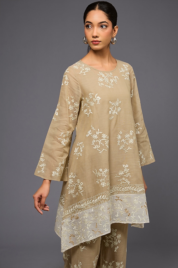 Natural Ecru Handloom Cotton Thread Embroidered Tunic by Peachoo at Pernia's Pop Up Shop