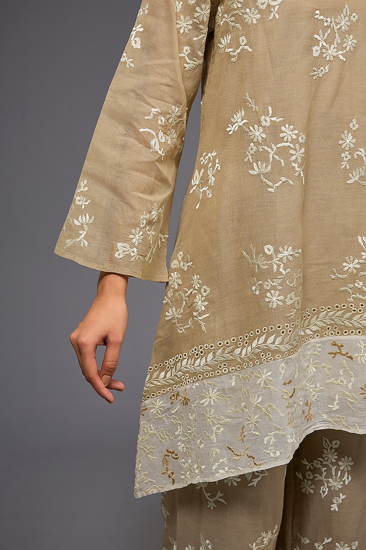 Natural Ecru Handloom Cotton Thread Embroidered Tunic by Peachoo at Pernia's Pop Up Shop