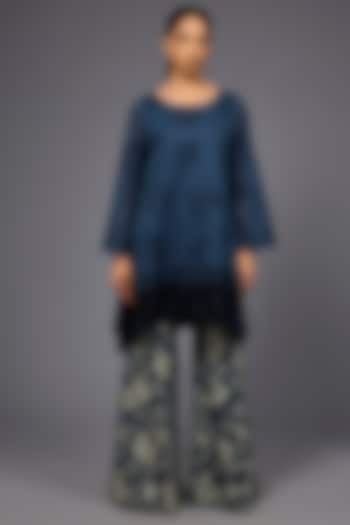 Space Blue & Black Handloom Cotton Thread Embroidered Tunic by Peachoo at Pernia's Pop Up Shop