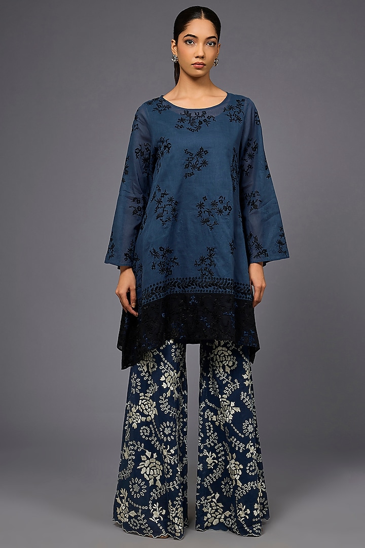 Space Blue & Black Handloom Cotton Thread Embroidered Tunic by Peachoo at Pernia's Pop Up Shop