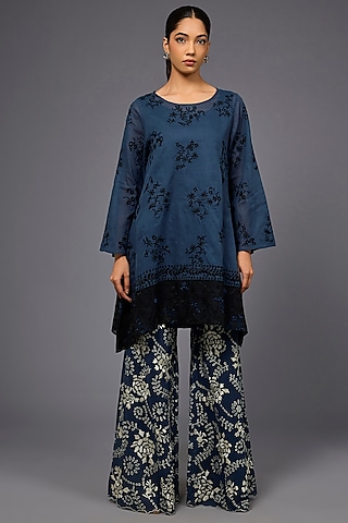Space Blue & Black Handloom Cotton Thread Embroidered Tunic by Peachoo