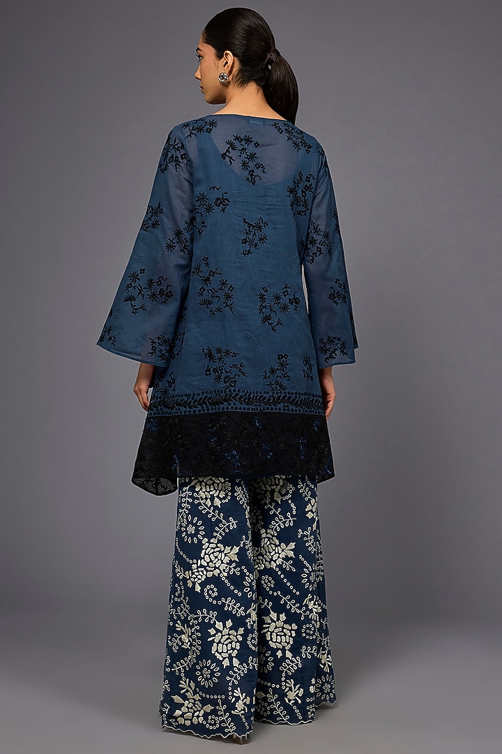 Space Blue & Black Handloom Cotton Thread Embroidered Tunic by Peachoo at Pernia's Pop Up Shop