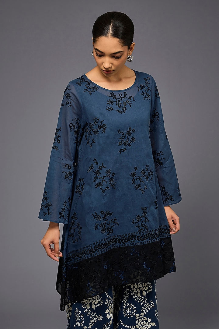 Space Blue & Black Handloom Cotton Thread Embroidered Tunic by Peachoo at Pernia's Pop Up Shop
