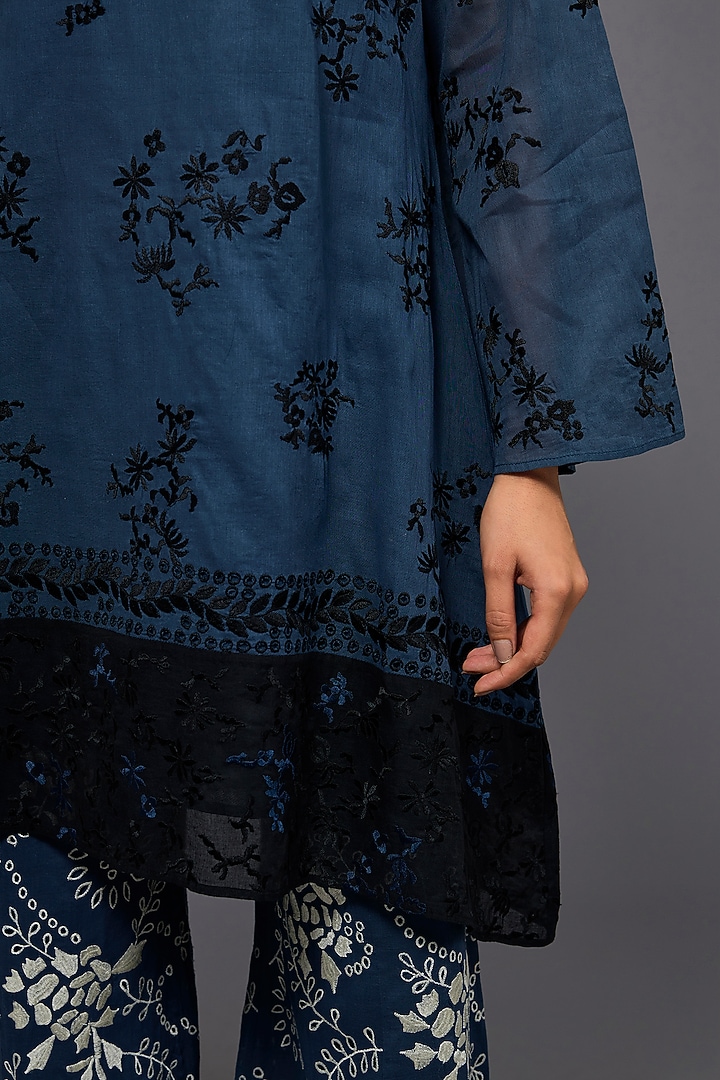 Space Blue & Black Handloom Cotton Thread Embroidered Tunic by Peachoo at Pernia's Pop Up Shop