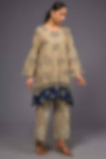 Natural & Space Blue Handloom Cotton Thread Embroidered Tunic by Peachoo at Pernia's Pop Up Shop