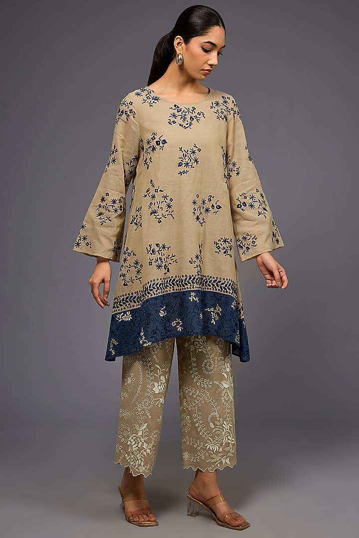 Natural & Space Blue Handloom Cotton Thread Embroidered Tunic by Peachoo at Pernia's Pop Up Shop