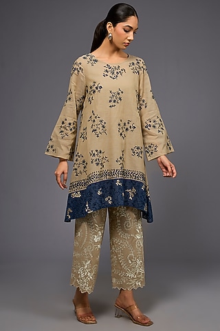 Natural & Space Blue Handloom Cotton Thread Embroidered Tunic by Peachoo