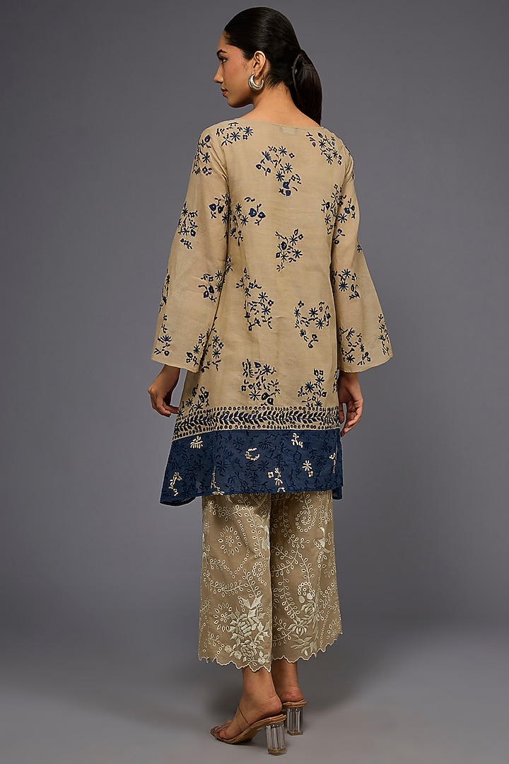 Natural & Space Blue Handloom Cotton Thread Embroidered Tunic by Peachoo at Pernia's Pop Up Shop
