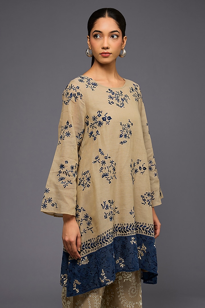 Natural & Space Blue Handloom Cotton Thread Embroidered Tunic by Peachoo at Pernia's Pop Up Shop
