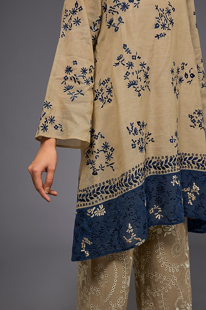Natural & Space Blue Handloom Cotton Thread Embroidered Tunic by Peachoo at Pernia's Pop Up Shop