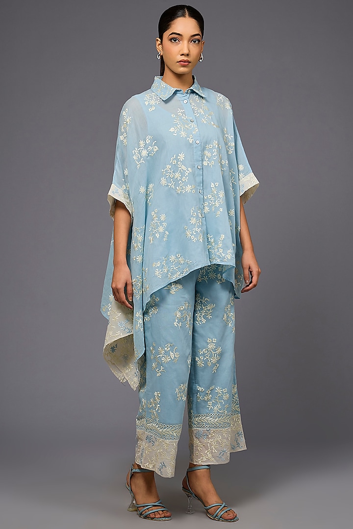 Ice Blue & Ecru Handloom Cotton Thread Embroidered Pants by Peachoo at Pernia's Pop Up Shop