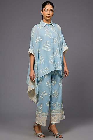 Ice Blue & Ecru Handloom Cotton Thread Embroidered Pants by Peachoo
