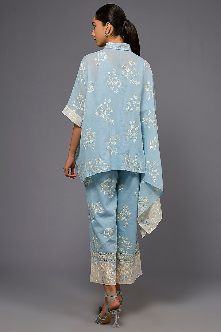 Ice Blue & Ecru Handloom Cotton Thread Embroidered Pants by Peachoo at Pernia's Pop Up Shop
