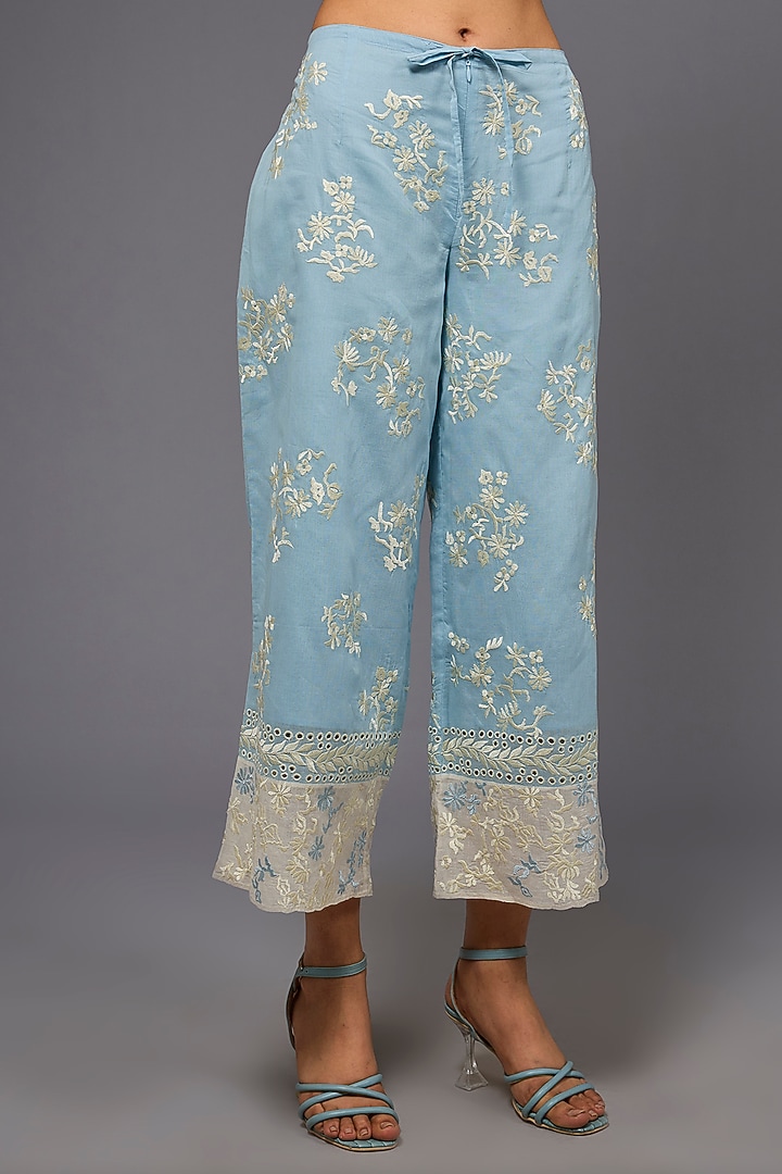 Ice Blue & Ecru Handloom Cotton Thread Embroidered Pants by Peachoo at Pernia's Pop Up Shop
