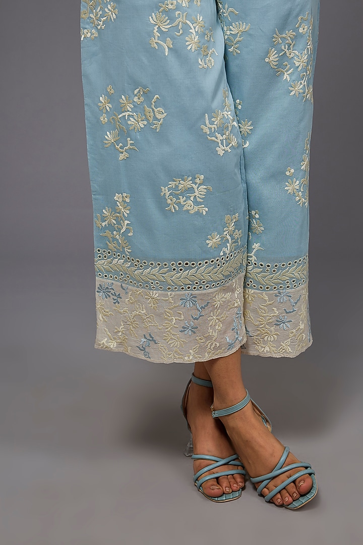 Ice Blue & Ecru Handloom Cotton Thread Embroidered Pants by Peachoo at Pernia's Pop Up Shop