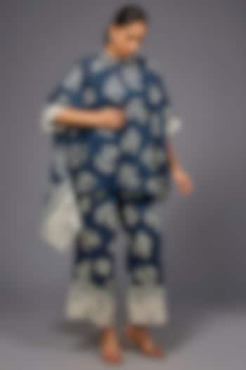 Space Blue & Ecru Handloom Cotton Thread Embroidered Pants by Peachoo at Pernia's Pop Up Shop