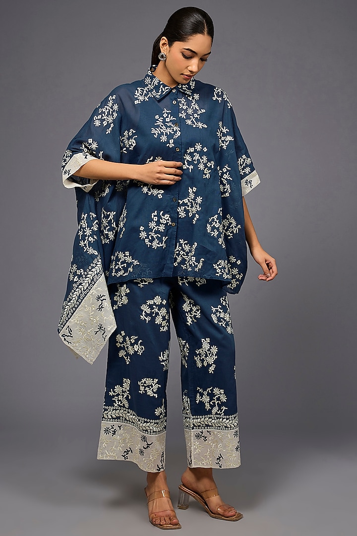 Space Blue & Ecru Handloom Cotton Thread Embroidered Pants by Peachoo at Pernia's Pop Up Shop