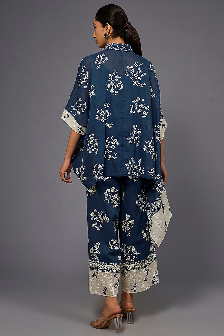 Space Blue & Ecru Handloom Cotton Thread Embroidered Pants by Peachoo at Pernia's Pop Up Shop