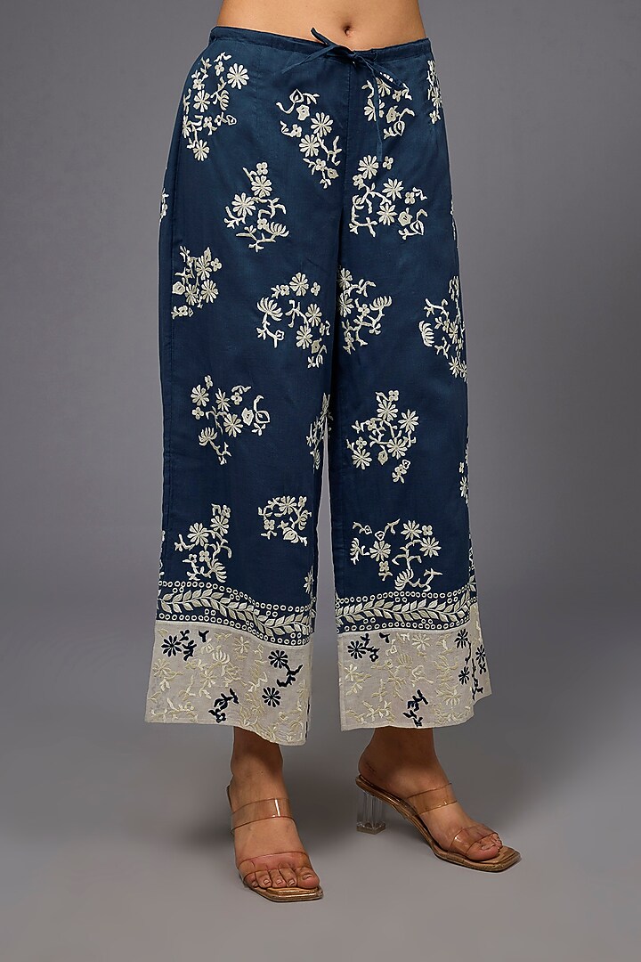 Space Blue & Ecru Handloom Cotton Thread Embroidered Pants by Peachoo at Pernia's Pop Up Shop
