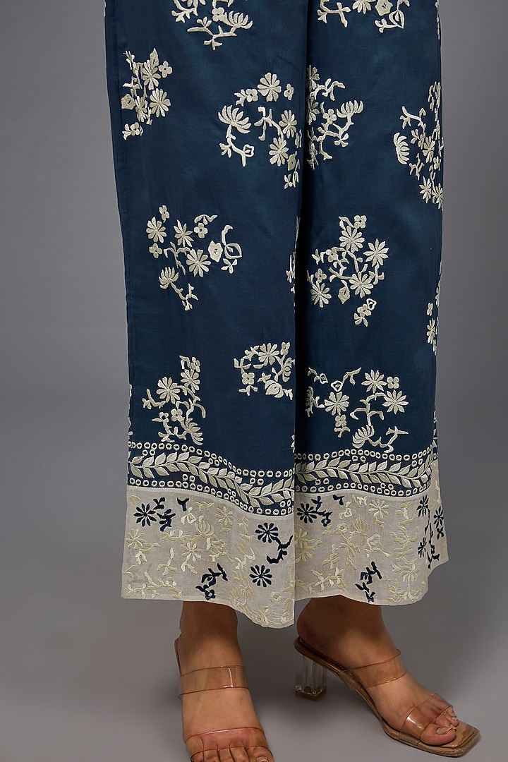 Space Blue & Ecru Handloom Cotton Thread Embroidered Pants by Peachoo at Pernia's Pop Up Shop