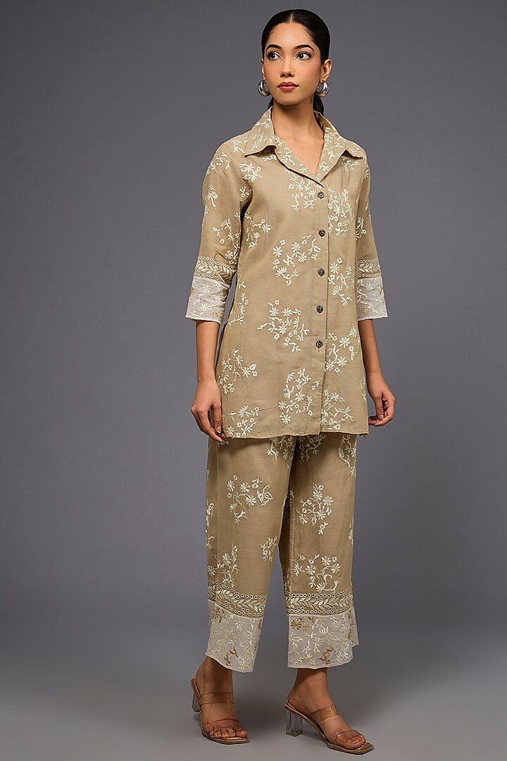 Natural Ecru Handloom Cotton Thread Embroidered Pants by Peachoo at Pernia's Pop Up Shop