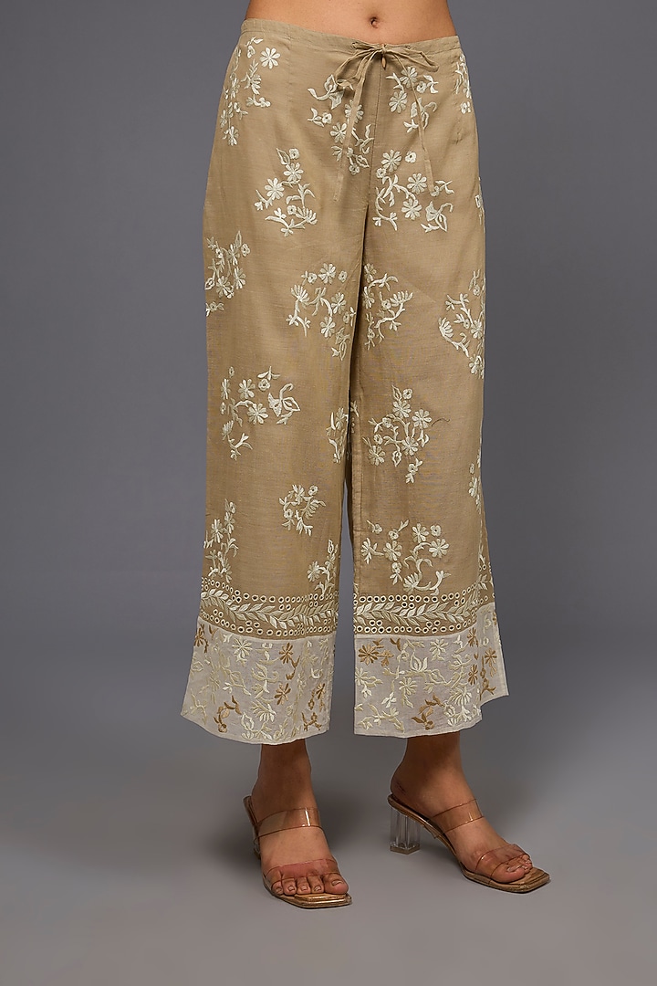 Natural Ecru Handloom Cotton Thread Embroidered Pants by Peachoo at Pernia's Pop Up Shop