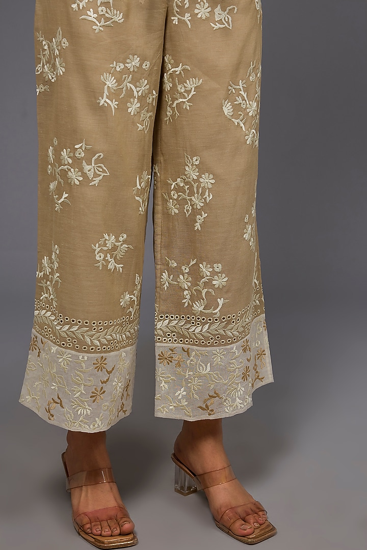 Natural Ecru Handloom Cotton Thread Embroidered Pants by Peachoo at Pernia's Pop Up Shop