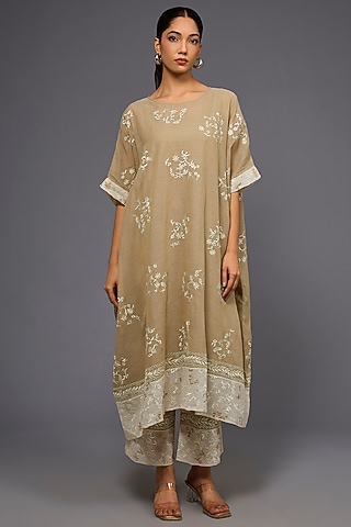 Natural Ecru Handloom Cotton Thread Embroidered Kaftan by Peachoo