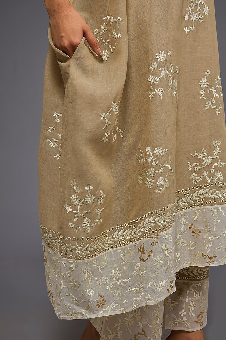 Natural Ecru Handloom Cotton Thread Embroidered Kaftan by Peachoo at Pernia's Pop Up Shop