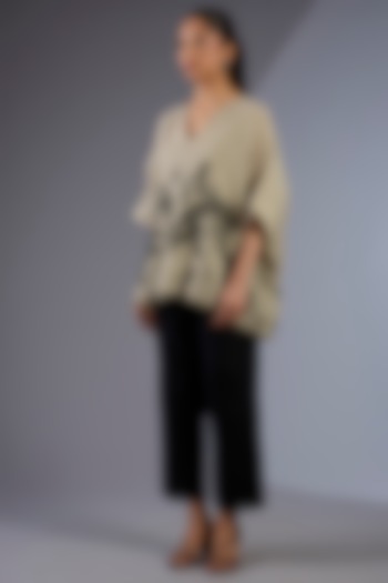 Beige Cotton Thread Embroidered Handloom Top by Peachoo at Pernia's Pop Up Shop