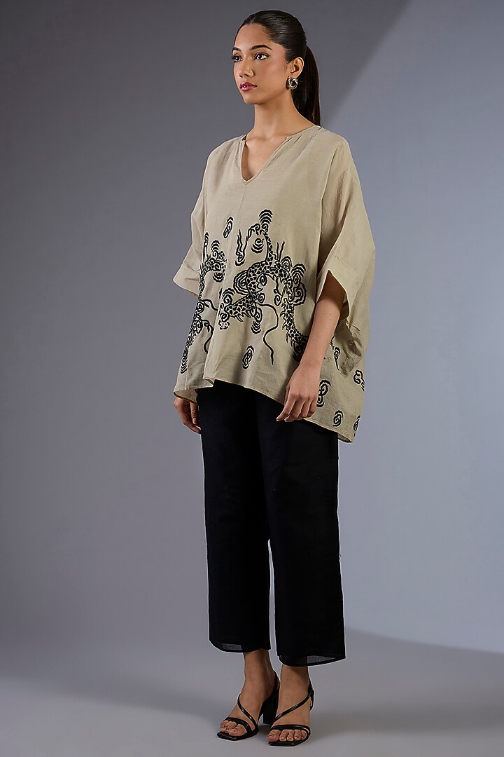 Beige Cotton Thread Embroidered Handloom Top by Peachoo at Pernia's Pop Up Shop