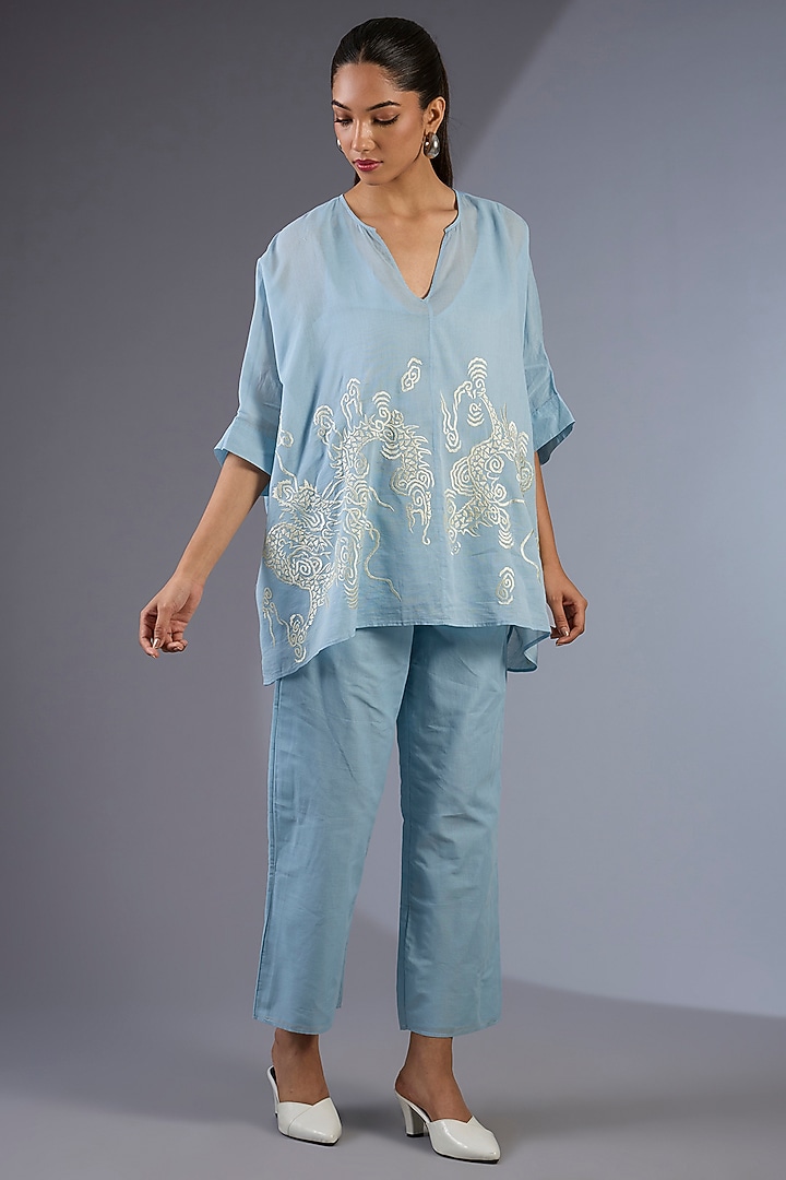 Ice Blue Cotton Thread Embroidered Handloom Top by Peachoo at Pernia's Pop Up Shop