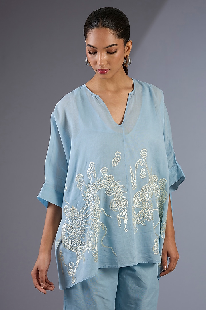 Ice Blue Cotton Thread Embroidered Handloom Top by Peachoo at Pernia's Pop Up Shop
