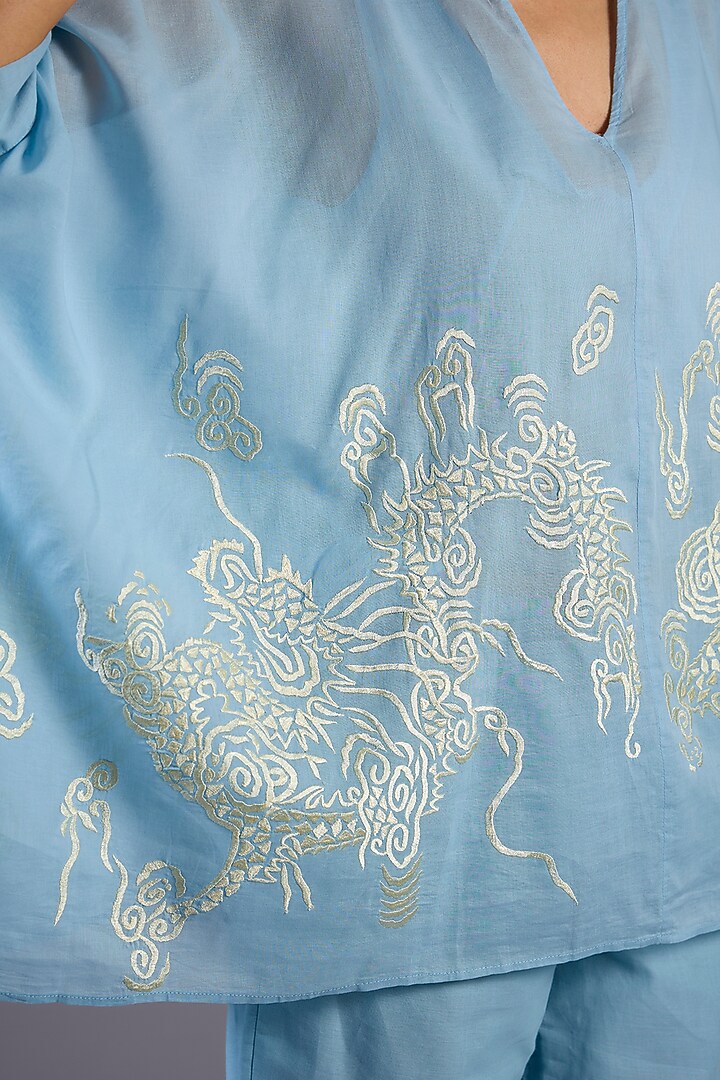 Ice Blue Cotton Thread Embroidered Handloom Top by Peachoo at Pernia's Pop Up Shop
