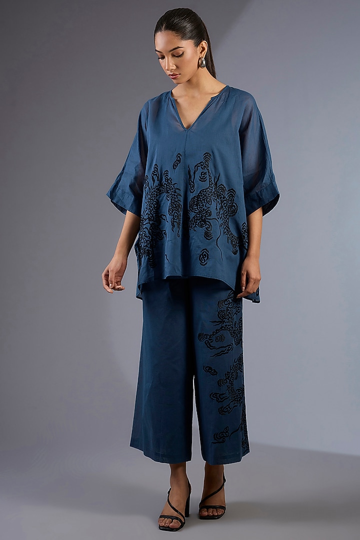 Space Blue Cotton Thread Embroidered Handloom Top by Peachoo at Pernia's Pop Up Shop
