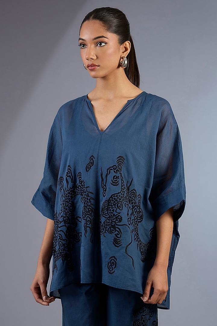 Space Blue Cotton Thread Embroidered Handloom Top by Peachoo at Pernia's Pop Up Shop