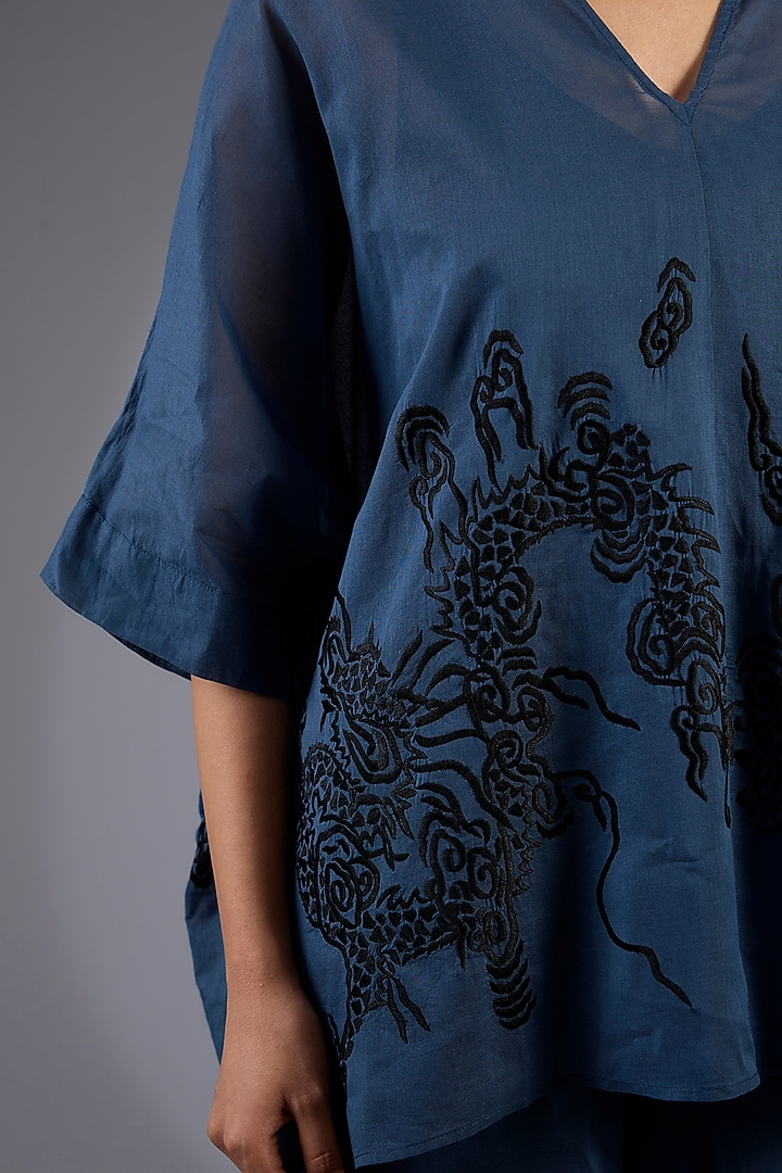 Space Blue Cotton Thread Embroidered Handloom Top by Peachoo at Pernia's Pop Up Shop