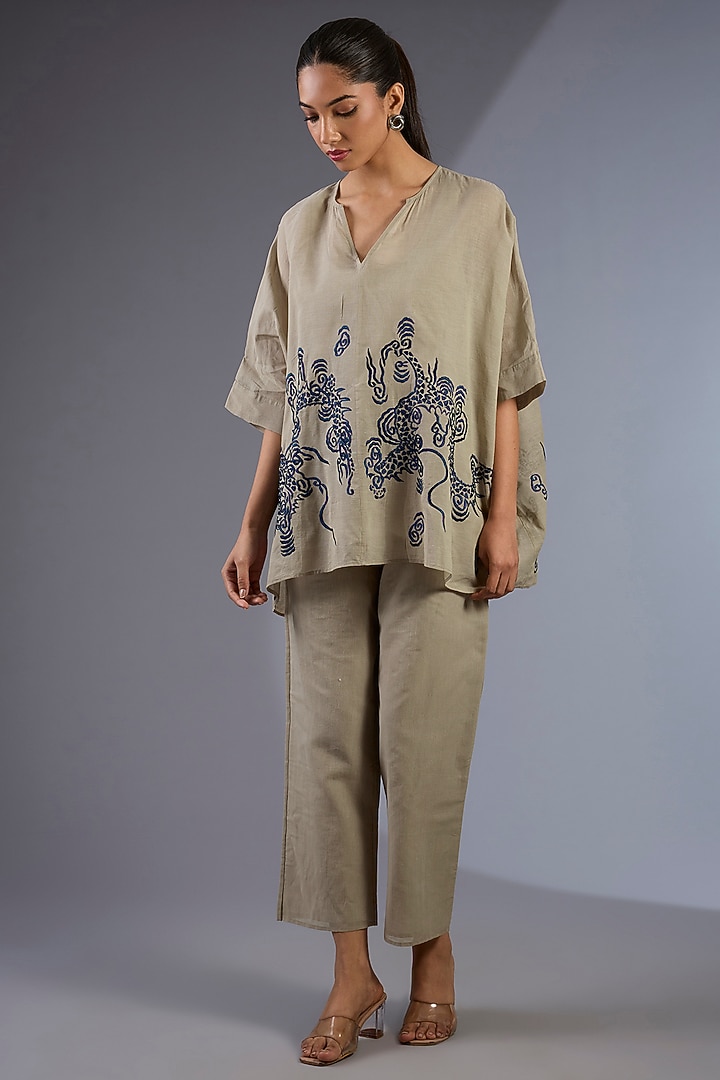 Natural Beige Cotton Thread Embroidered Handloom Top by Peachoo at Pernia's Pop Up Shop