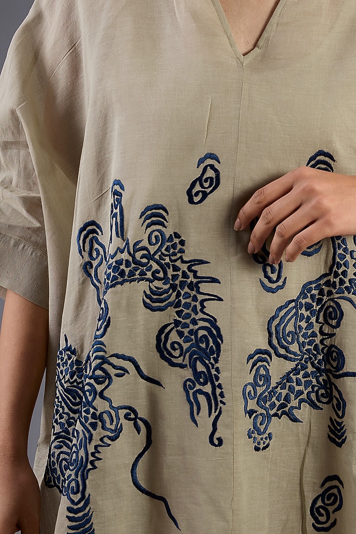 Natural Beige Cotton Thread Embroidered Handloom Top by Peachoo at Pernia's Pop Up Shop