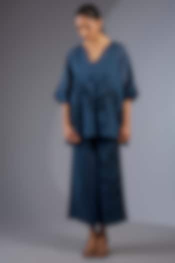 Space Blue Cotton Thread Embroidered Handloom Straight Pants by Peachoo at Pernia's Pop Up Shop