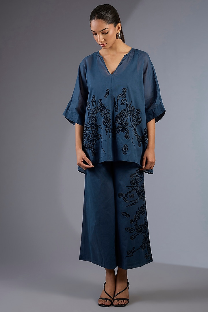 Space Blue Cotton Thread Embroidered Handloom Straight Pants by Peachoo at Pernia's Pop Up Shop
