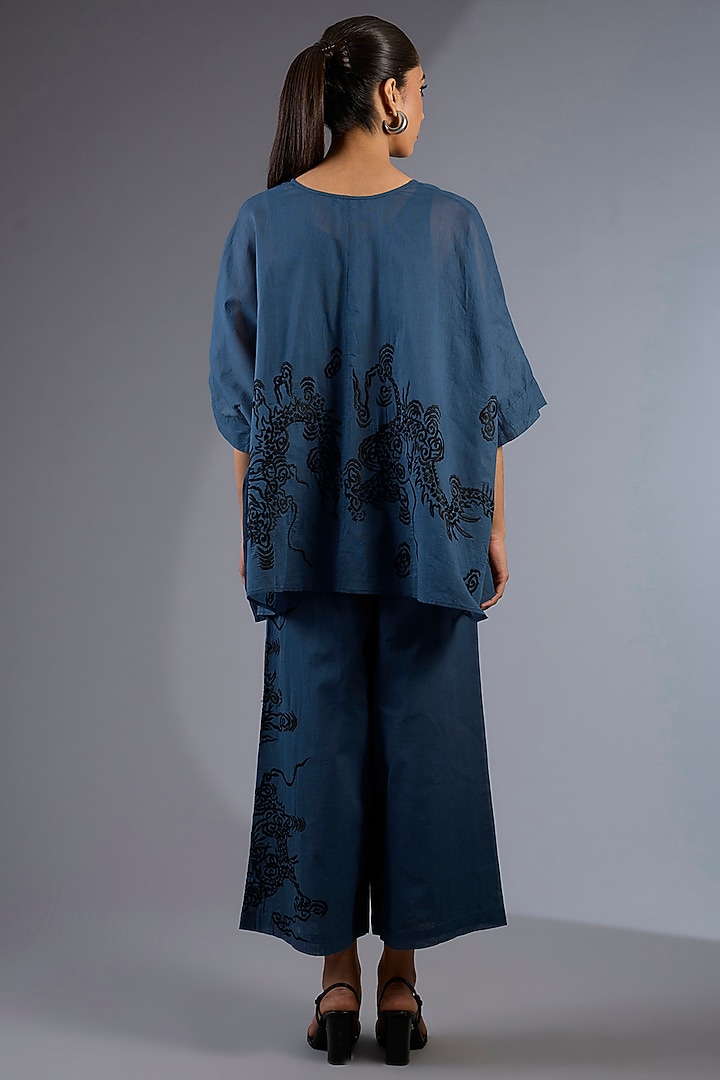 Space Blue Cotton Thread Embroidered Handloom Straight Pants by Peachoo at Pernia's Pop Up Shop