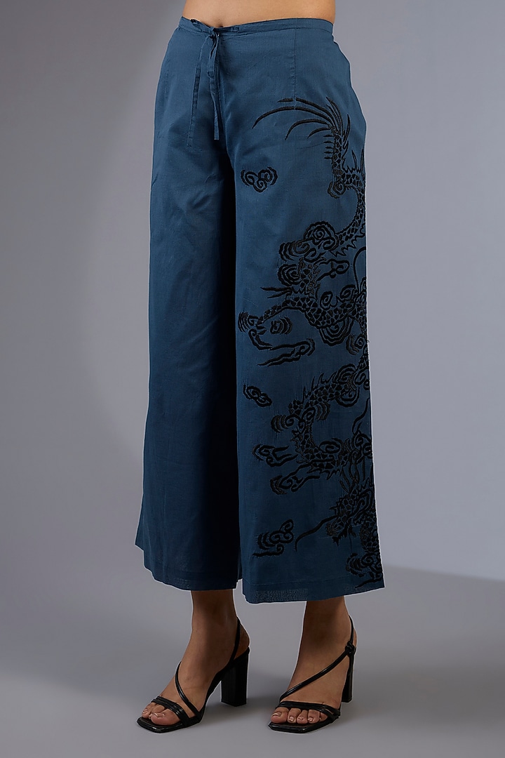 Space Blue Cotton Thread Embroidered Handloom Straight Pants by Peachoo at Pernia's Pop Up Shop