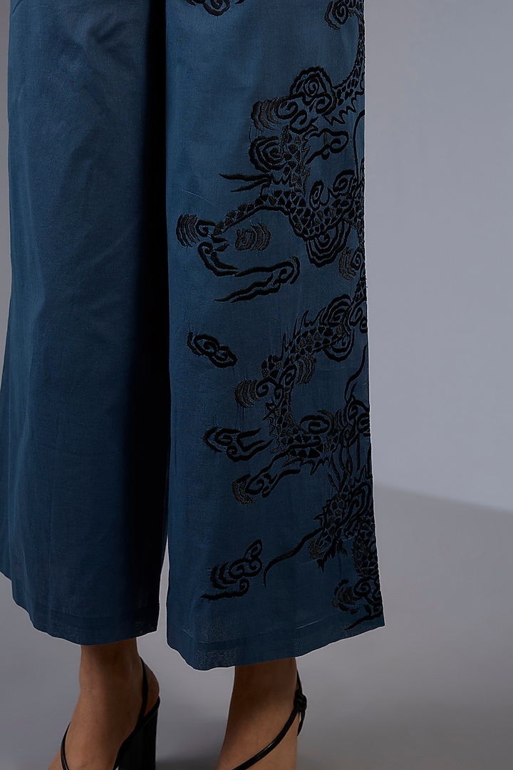 Space Blue Cotton Thread Embroidered Handloom Straight Pants by Peachoo at Pernia's Pop Up Shop
