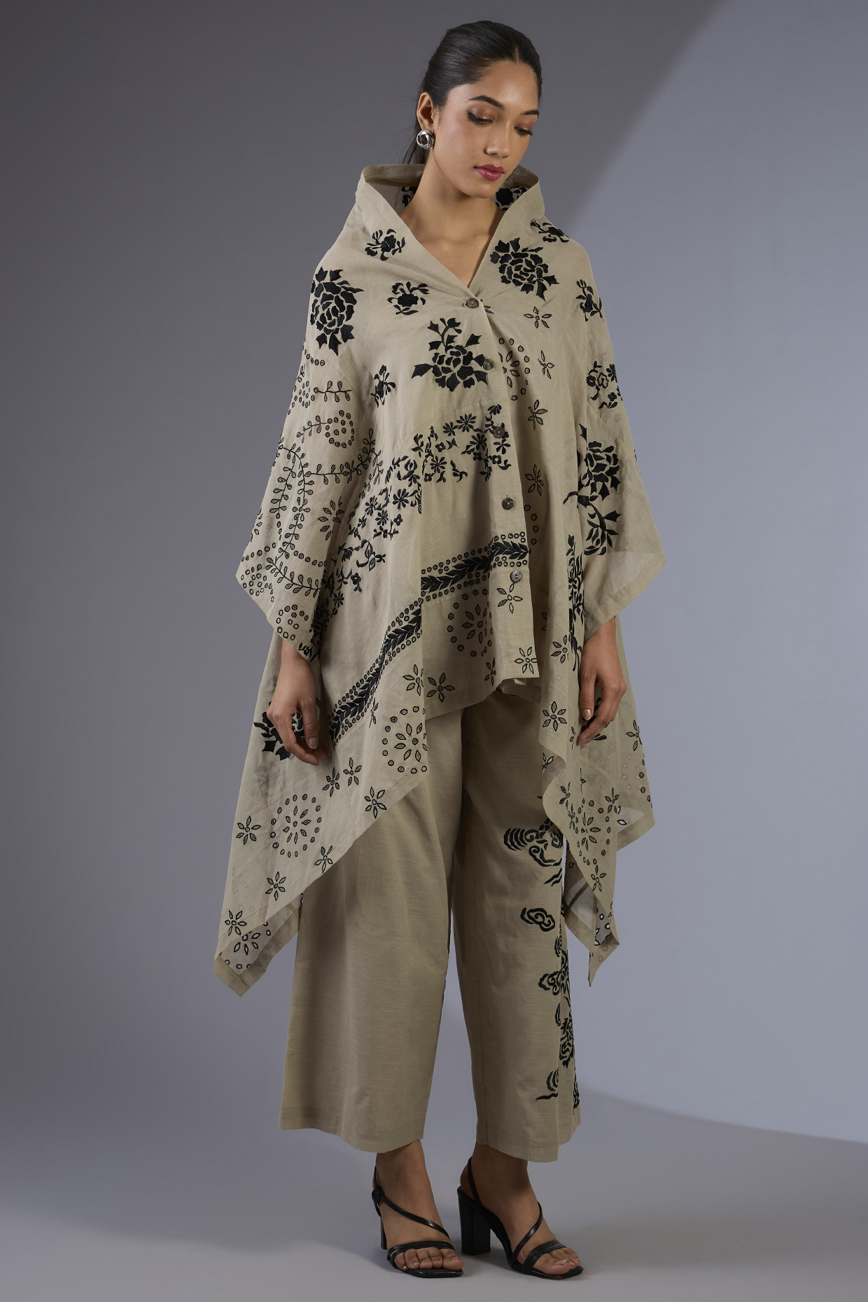 Beige Cotton Thread Embroidered Handloom Straight Pants by Peachoo at Pernia's Pop Up Shop