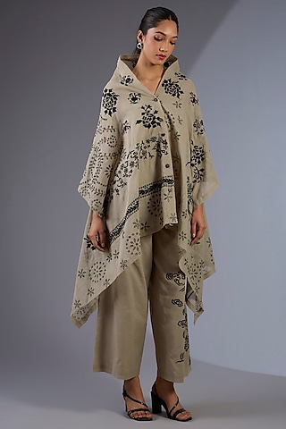 Beige Cotton Thread Embroidered Handloom Straight Pants by Peachoo