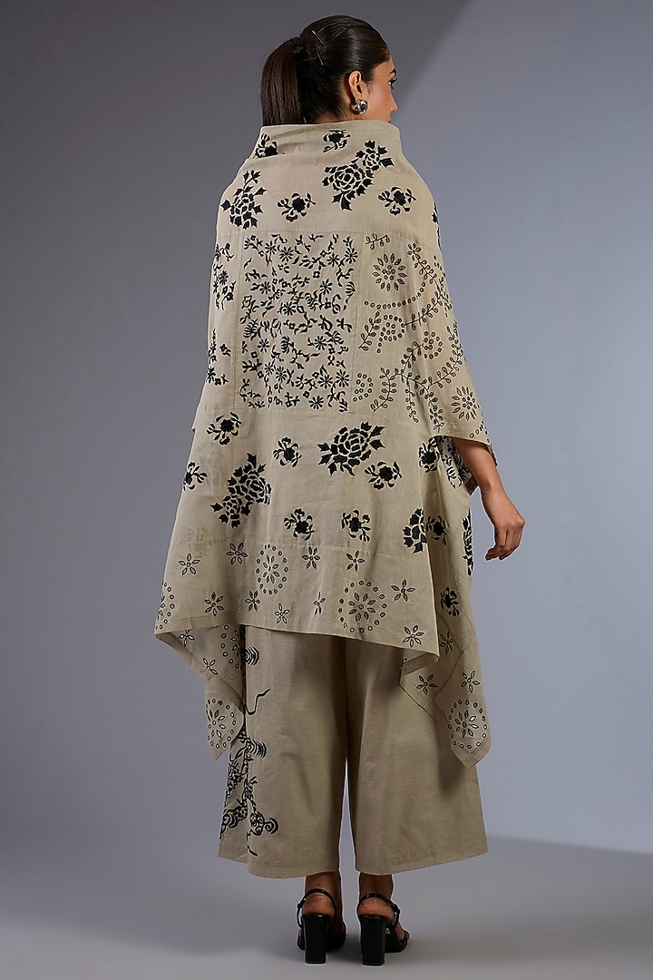 Beige Cotton Thread Embroidered Handloom Straight Pants by Peachoo at Pernia's Pop Up Shop