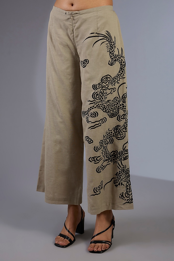 Beige Cotton Thread Embroidered Handloom Straight Pants by Peachoo at Pernia's Pop Up Shop