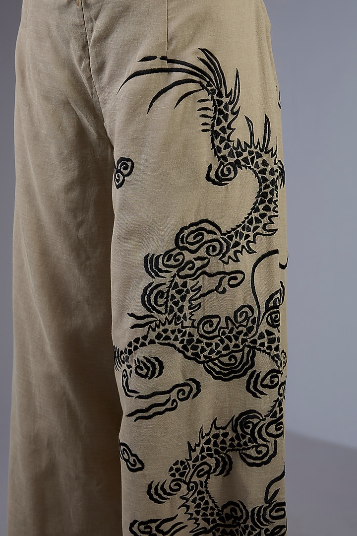 Beige Cotton Thread Embroidered Handloom Straight Pants by Peachoo at Pernia's Pop Up Shop